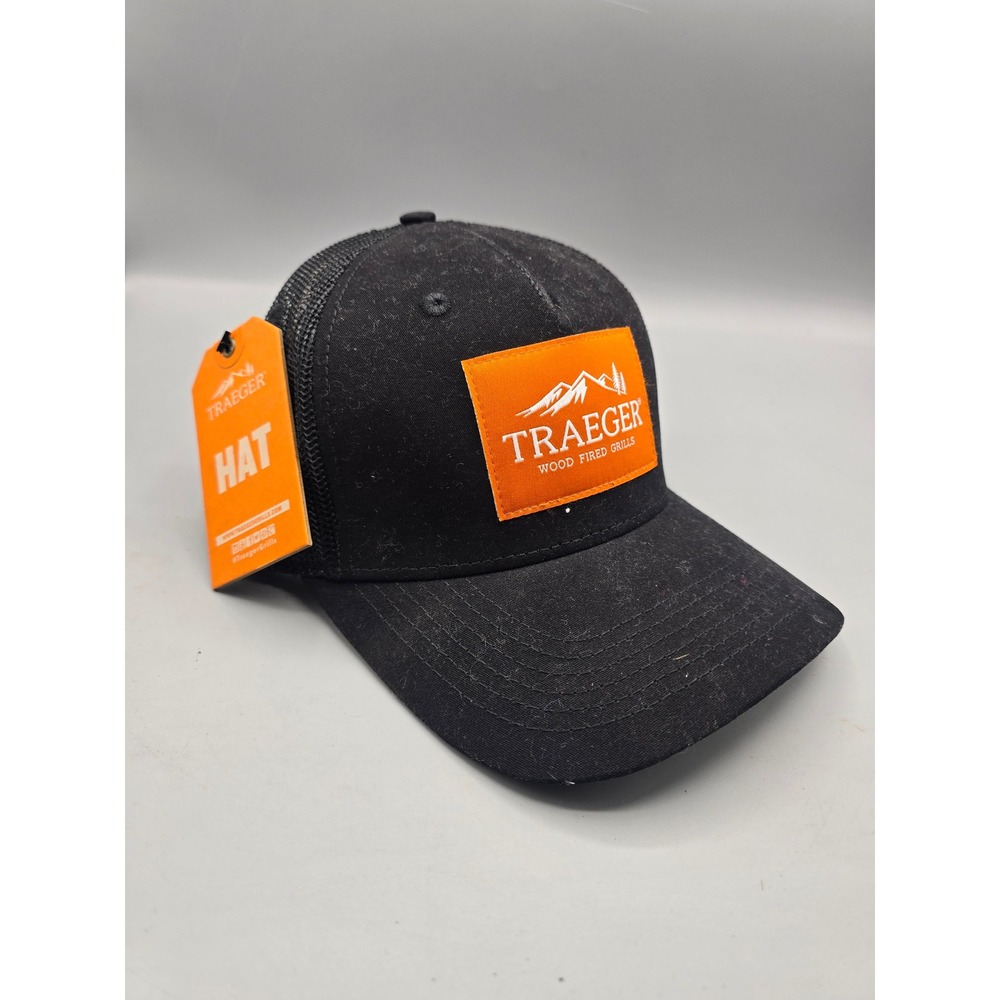 Traeger Wood Fired Grills Trucker Hat Black Orange Logo Mesh Snapback Cap NWT